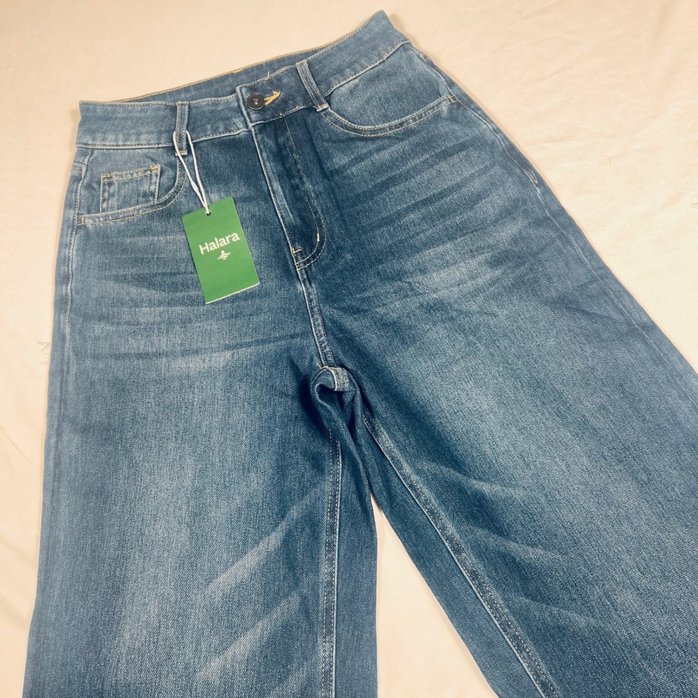 Halara Womens XS Tall‎ Wide Leg Cuffed Jeans Medium Wash High Rise Stretch Denim